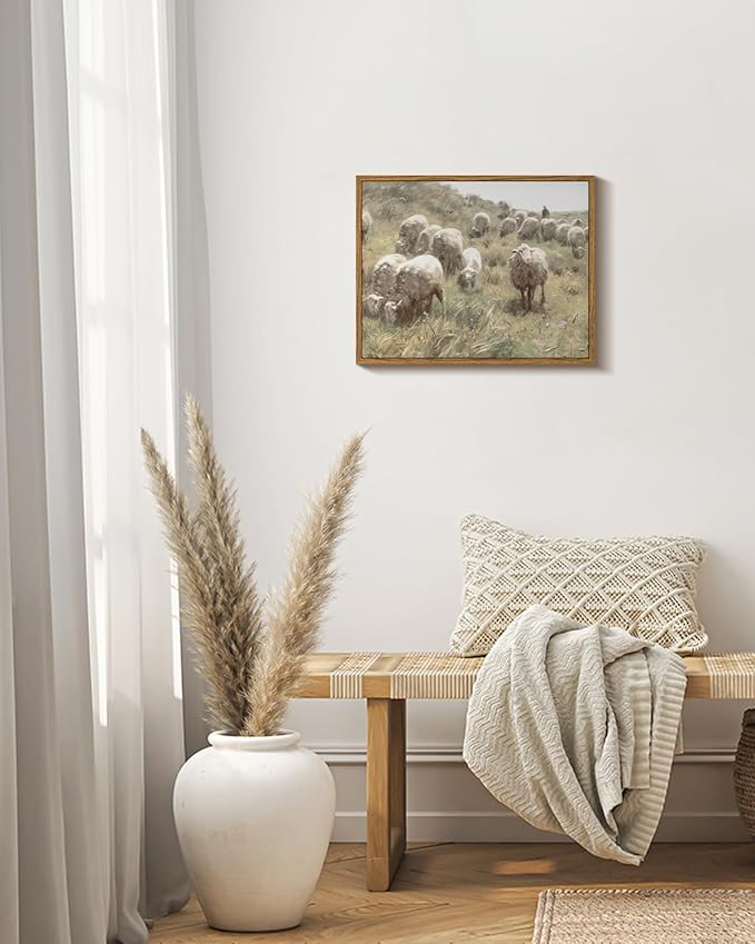 InSimSea Framed Canvas Wall Art Vintage Decor, Landscape Wall Art Prints, Sheep Grazing amidst the Hills Canvas Art Wall Decoration, Vintage Art Farmhouse Bedroom, 11"x14"