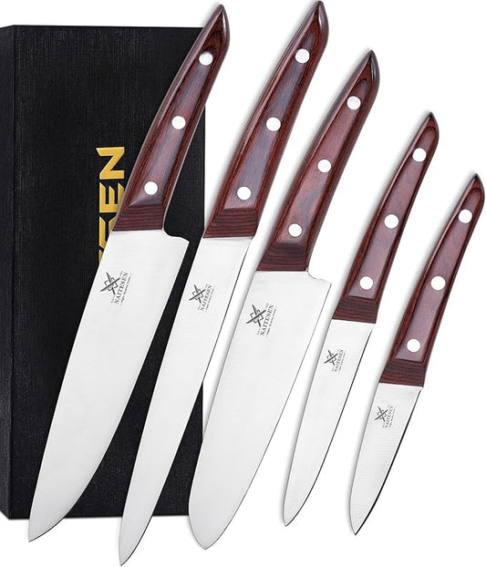 5PCS Professional Kitchen Chef Knife Set with Blade Guards, Wood Handle High Carbon Steel, Sharp for Meat Cutting Home Cooking Gifts for Men Women