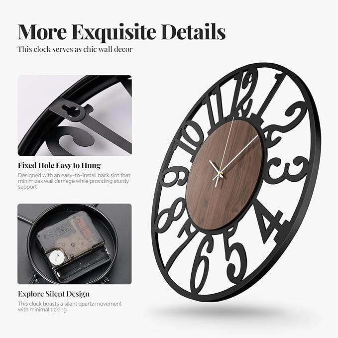 24 inch Large Wall Clock for Living Room Decor, Decorative Wood Metal Wall Clock Battery Operated Silent Non Ticking, Modern Black Round Big Clocks for Bedroom, Kitchen, Office Decor-Arabic Numerals