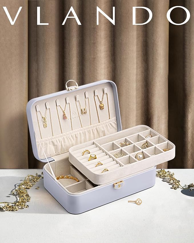 Vlando Jewelry Box Organizer for Girl,Faux Leather Lockable Jewelry Holder Organzier Case Boxes with 2 Layers,Earrings Necklace,Rings Storage,Wedding Warm Gifts Purple