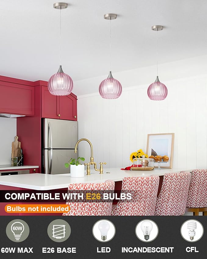 Brushed Nickel Pendant Lights Kitchen Island, Globe Pendant Light Fixtures with 8 Inch Clear Glass Shade, Modern Hanging Light Fixtures for Kitchen, Bedroom (1 Pack - Pink Glass Pendant Light)