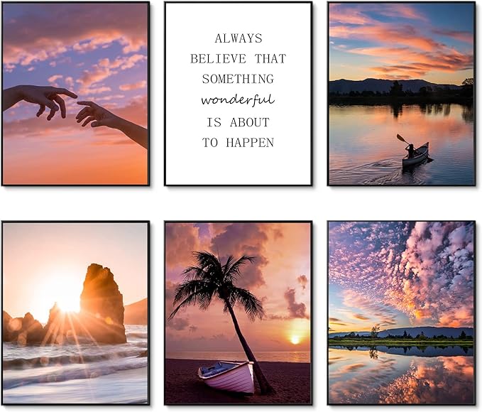 HoozGee Sunset Wall Art Prints Travel Photo Set of 6 Enjoy Dusk Dream View Picture Posters Gift for Photography Fans Nautical Themed Home Decor for Living Room Wall Decor (8"x10" UNFRAMED)