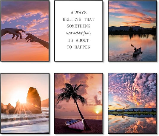 HoozGee Sunset Wall Art Prints Travel Photo Set of 6 Enjoy Dusk Dream View Picture Posters Gift for Photography Fans Nautical Themed Home Decor for Living Room Wall Decor (8"x10" UNFRAMED)