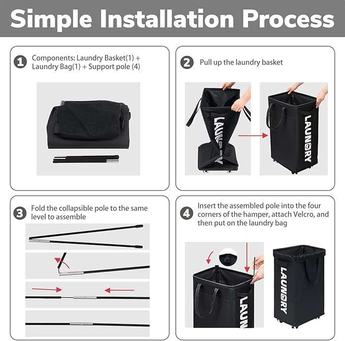 Goodpick Laundry Basket with Wheels, 2-Pack 75L Rolling Laundry Hamper with Removable Wash Bags, Collapsible Laundry Basket for Corner Dorm, Black