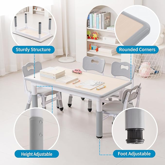 UNICOO Kids Table and Chairs Set, Height Adjustable Multi-Activity Preschool Table with Graffiti Desktop for Ages 2-8 - Versatile Kids Tables for Play, Learning, and Creativity(Maple Top/Gray Border)