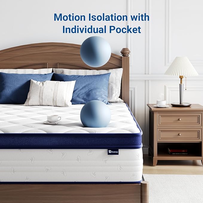 Avenco Queen Mattress, 14 inch Queen Size Mattress with Smarts™ Coil Individual Pocket Spring for Silent Sleep and Strong Edge Support, CertiPUR-US Certified, Mattresses in a Box