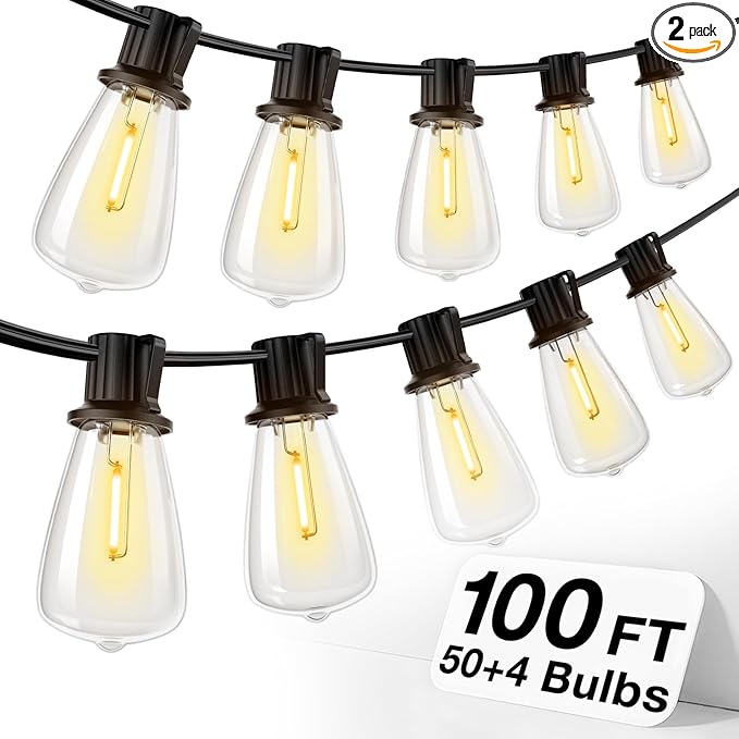 addlon 100FT(50FT*2) LED Outdoor String Lights Waterproof Patio Lights with 54 Shatterproof ST38 Replaceable Bulbs(4 Spare), Dimmable Outside Hanging Lights Connectable for Porch, Backyard, 2200K