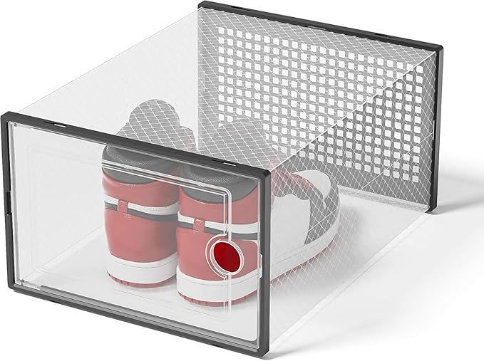 Kuject XX-Large Shoe Storage Boxes Organizers Clear Plastic Stackable 12 Pack, Shoe Rack & Holder Substitute, Sneaker Containers, Toy Storage Organizer Bins for Entryway, Closet, Under Bed, Black