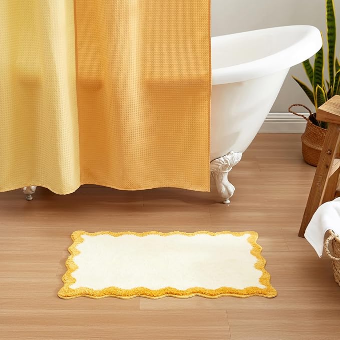 MONDAY MOOSE Bath Mat with Scalloped Wavy Ripple Design, Microfiber Absorbent Non Slip Tufted Rug for Floor, Shower or Kitchen (20x32 inch, Yellow)
