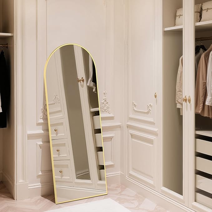 Arched Full Length Mirror 64"x21", Gold Tempered Glass Wall Hanging Mounted Body Length Mirrors with Stand, Large Floor Aluminum Alloy Thin Frame