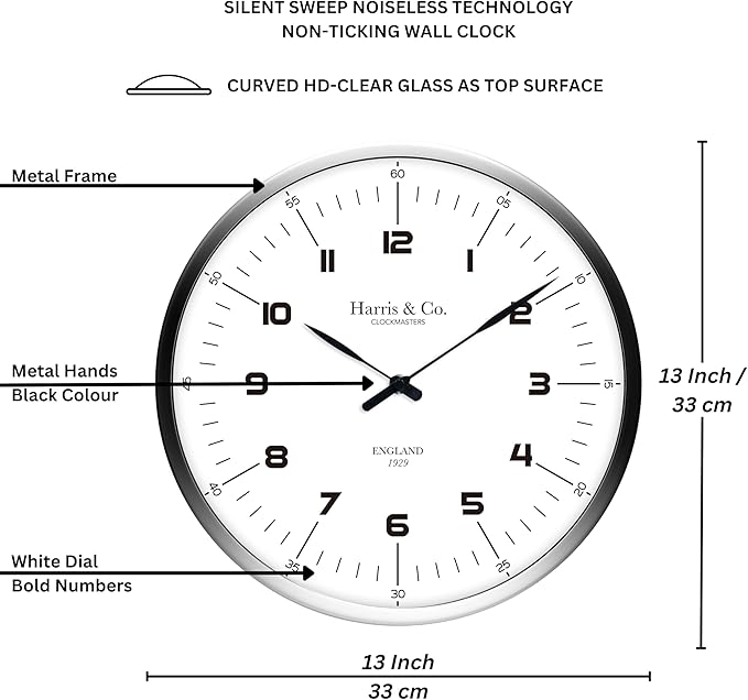 HARRIS & CO. CLOCKMASTERS ( 13 inch Premium Luxury Wall Clock Number Dial (Metal Frame & Curved Glass)(Silent Sweep Noiseless Technology) Model Name - Harley Street