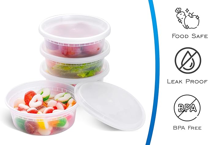 EDI [8 OZ, 50 Sets] Plastic Deli Food Storage Containers with Airtight Lids | Microwave-, Freezer-, Dishwasher-Safe | BPA Free | Heavy-Duty | Meal Prep | Leakproof | Recyclable
