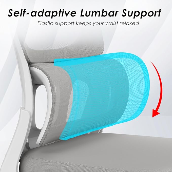 Soohow Office Chair, Mesh Ergonomic Office Chair with Lumbar Support, Comfy Computer Desk Chair with Flip Armrest Rolling Wheels for Home Study Room Office, White & Gray