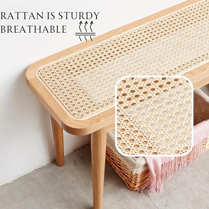 47.2'' Natural Rattan Dining Bench with 100% Solid Oak Wood Bench Frame, Bed End Shoe Ottoman for Kitchen Bedroom Entryway, Natural Oak