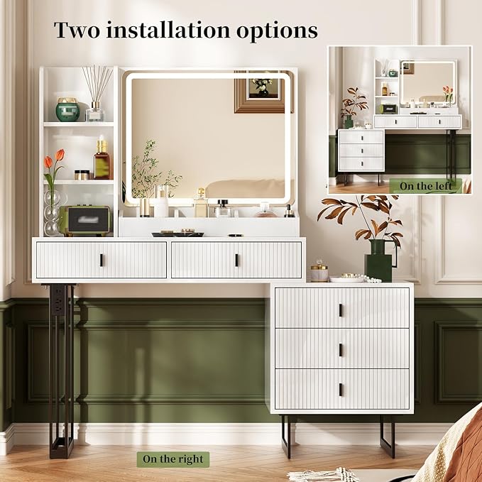 Large Vanity Desk with 3 Color Touch Screen Dimming Mirror, Vanity Desk with Charging Station, Modern Retractable Makeup Dressing Table, Vanity Table With storage shelves and 5 Sliding Drawers, White