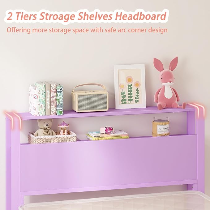 Weehom Twin Bed Frames for Kids with 2 Tiers Wood Storage Shelves Headboard, Twin Size Bed No Box Spring Needed Under Bed Storage Space Metal Platform for Girls and Adults, Purple