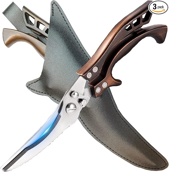 ANDONG Kitchen Scissors, Heavy Duty Professional Poultry Shears, Stainless Steel Spring Loaded, Dishwasher Safe, with Black Leather Sheath