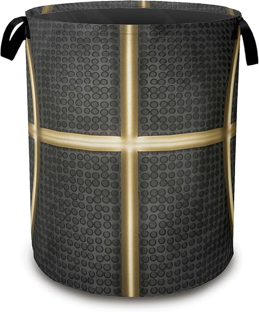 Large Laundry Basket,Black Basketball Collapsible Laundry Baskets,Golden Lines Waterproof Oxford Hamper with Handles for Bathroom Bedroom Nursery Home Storage 16"x20"