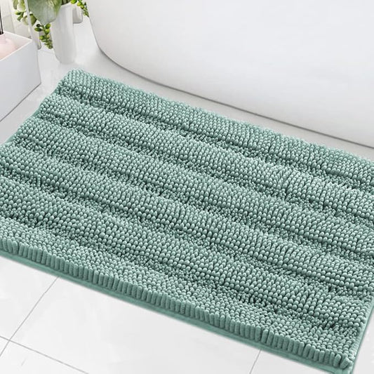 H.VERSAILTEX Bath Mats for Bathroom Non Slip Extra Thick Chenille Striped Bath Rug 24" x 36" Absorbent Non Skid Fluffy Soft Shaggy Rugs Washable Plush Mats for Indoor, Bath Room, Tub - Eggshell Blue