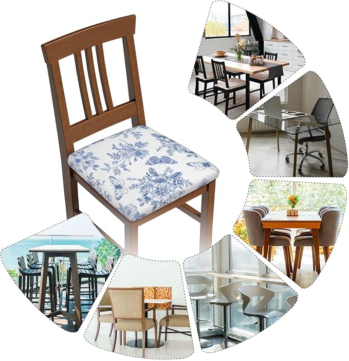 Seat Covers for Dining Room Chairsset of Set of 6, Blue White Floral Butterfly Flower French Stretch Chair Seat Covers Cushion Slipcovers for Kitchen Office