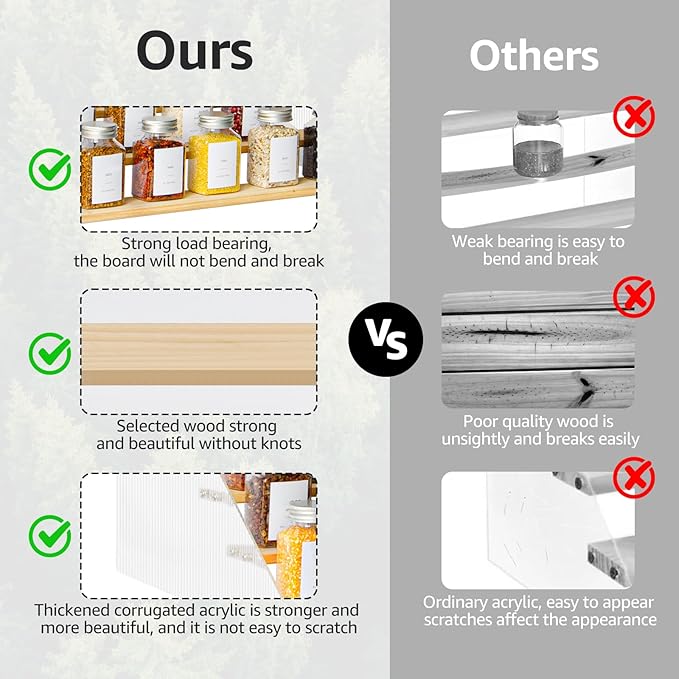 nianfeng Tiered Spice Rack, 4-Tier Spice Pantry Kitchen Cabinet Organizer, 16-Inch, Natural Wood Acrylic Stair Riser Stand, Countertop Seasoning Shelf