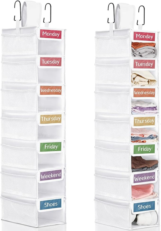 2 Pack 7 Shelf Weekly Clothes Organizer Hanging Closet for Kids with Side Pockets Weekday Shoes Rack Weekly Clothes Organizers Monday Through Weekend Foldable Storage Shelves(White)