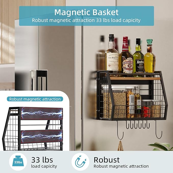 Magnetic Shelf for Fridge 2-Tier Storage, Magnetic Spice Rack with 8 Hooks, Large Capacity Refrigerator Organizer Multi - Purpose - 15kg Capacity