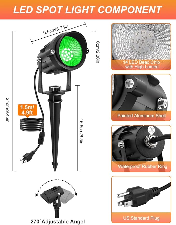Halloween Green Landscape Lights Outdoor, 14 LED Landscape Lighting with US Plug, IP65 Waterproof Spotlights for Tree Yard Garden Pathway Christmas St. Patrick's Day Decor 2 Pack