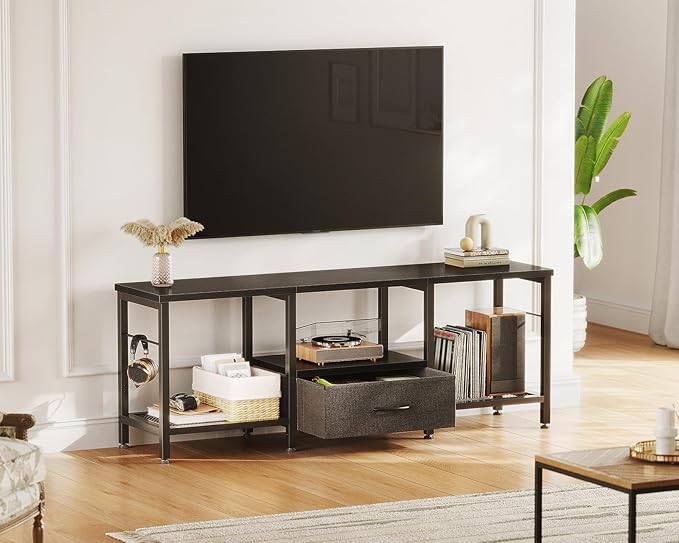 Casaottima 47" TV Stand with Open Storage Shelves up to 55 Inch TVs, Entertainment Center with Fabric Drawers, TV Console Table with Soundbar Shelf TV Stand for Living Room Bedroom, Pure Black
