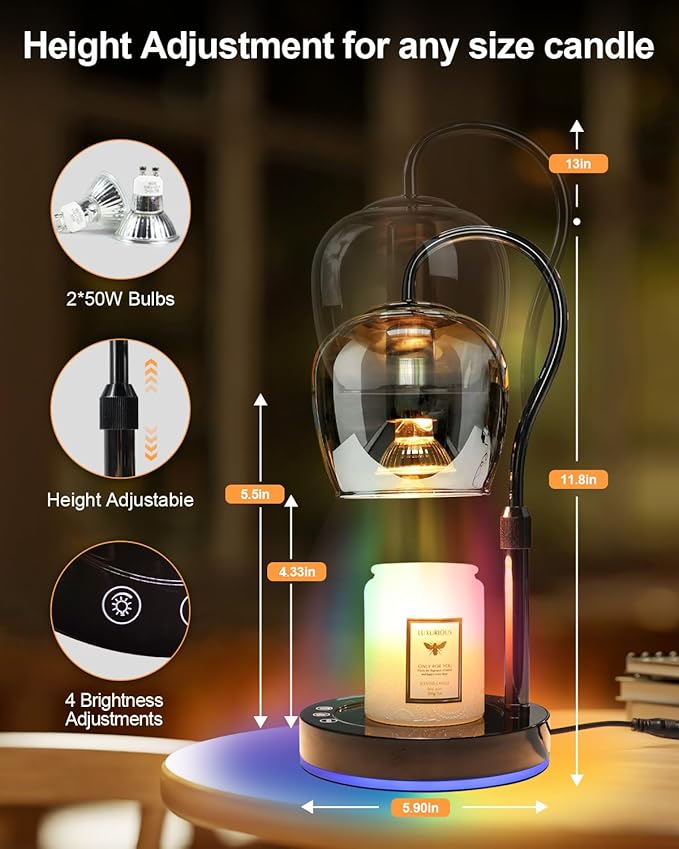 Hisummer Candle Warmer Lamp with 7 Colors RGB & Touch Dimmer, Height Adjustable Swan Neck for Scented Jar Candles, Includes 2 Bulbs, 24V Safe Wax Warmer for Home Decor Gift for Women Mom (Marble Vein)
