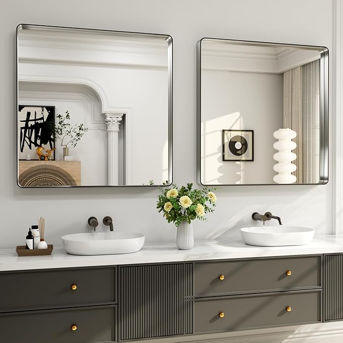 LOAAO 36X36 Inch Brushed Nickel Bathroom Mirror, Rounded Rectangle Silver Metal Frame Mirror, Brushed Nickel, Anti-Rust, Shatter Proof, Hangs Horizontally or Vertically