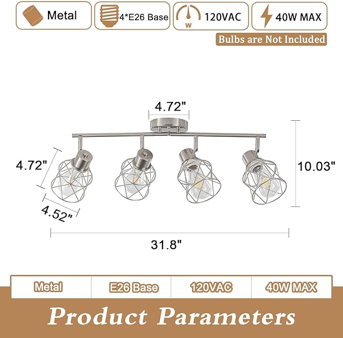 BUXVRCS Adjustable Multi-Directional Brushed Nickel Light Fixtures, Semi Flush Mount Ceiling Light, Kitchen Light Fixtures Ceiling Mount, Geometric Metal Cage Industrial Spotlight Fixtures