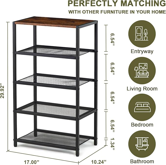 Shoe Rack, 5-Tier Narrow Shoe Shelf with Dense Metal Mesh, Durable Industrial Freestanding Shoe Rack for Front Door Entrance, Hallway, Entryway, Living Room (29.92" H Rustic)