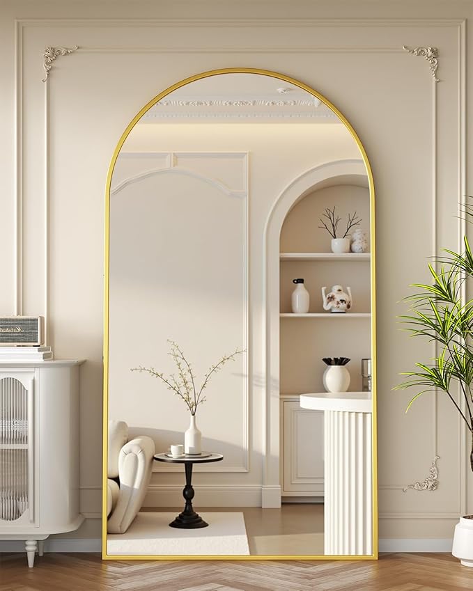 Full Length Mirror with Stand, 82"x44" Arched Full Body Mirror, Large Stand Up Mirrors, Aluminum Frame Floor Standing Mirrors, Freestanding Hanging Leaning Mounted for Bedroom Living Room Gold