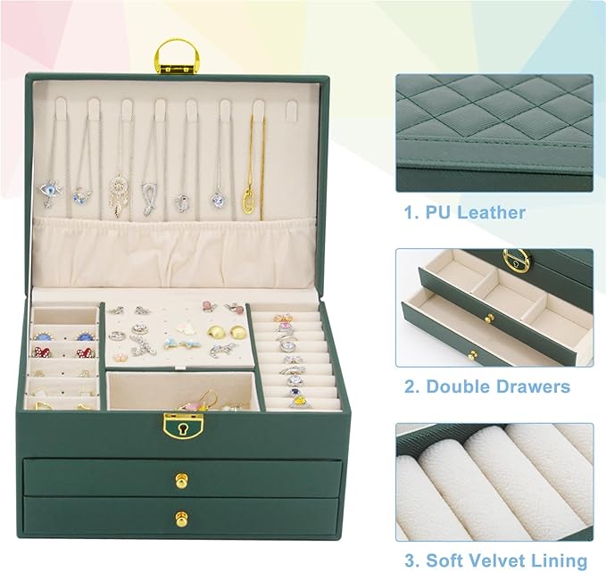 KOOAAICCHI Jewelry Box for Women, 3-Layer Jewelry Organizer, Jewelry Storage Case PU Leather for Earrings, Bracelets, Ring, Necklaces-Green