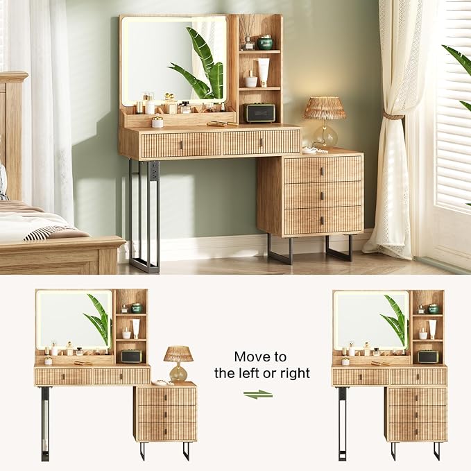 Large Vanity Desk with 3 Color Touch Screen Dimming Mirror, Vanity Desk with Charging Station, Modern Retractable Makeup Dressing Table, Makeup Table With storage shelves and 5 Sliding Drawers, Oak