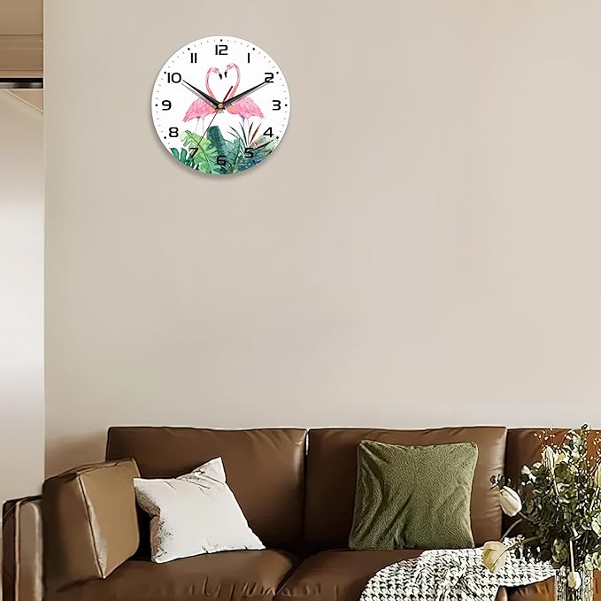 Flamingos Wall Clock Couple Flamingo Pink Clocks for Living Room Wall Clocks Battery Operated Silent Non-Ticking Decorative for Home Kitchen Bathroom Living Room Bedroom Office 10 Inch