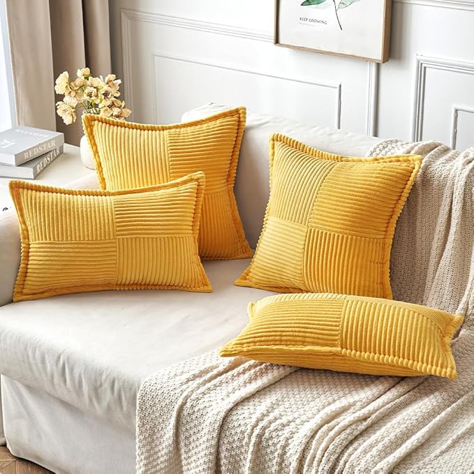 MIULEE Golden Yellow Corduroy Lumbar Pillow Covers 12x20 Inch 12x20 Inch with Splicing Set of 2 Soft Boho Pillow Covers Broadside Decorative Textured Summer Pillowcases for Couch Bed Livingroom