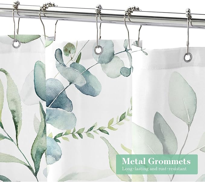 MitoVilla Sage Green Spring Floral Shower Curtain, Modern Plants Botanical Fabric Cloth Shower Curtains for Chic Elegant Bathroom Decor, Watercolor Eucalyptus Leaf, 72x72