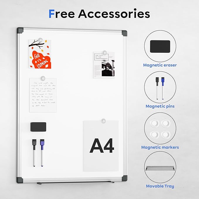 VUSIGN Magnetic Whiteboard, 36" x 24" Dry Erase Board for Wall, Silver Aluminum Frame, Hanging or Mounted White Board for Office, Home, School, Meeting