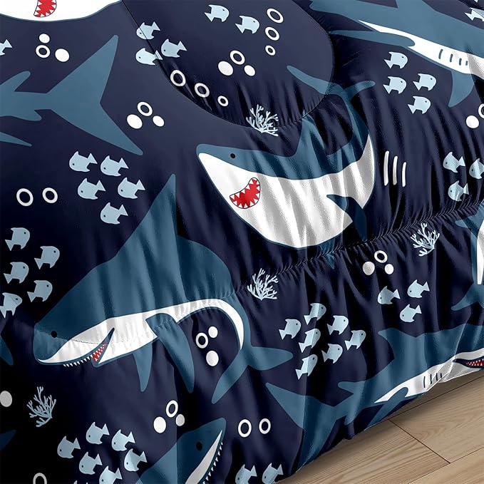 Shark Twin Comforter Set for Boys - 2Pcs Boys Sharks Bedding Set Twin Size Shark Print Comforter Set for Kids Boys Sea Animals Pattern Bedding Set for Bedroom, 1 Comforter with 1 Pillowcases