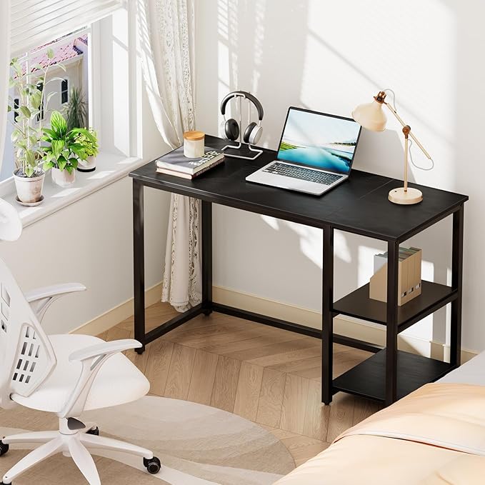 SINPAID Computer Desk 47 inches with 2-Tier Shelves Sturdy Home Office Desks with Large Storage Space Modern Gaming Desk Study Writing Laptop Table, Black