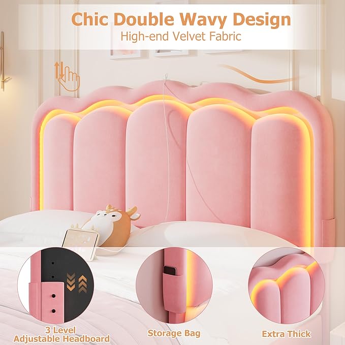 Queen Upholstered LED Bed Frame with 2 Storage Drawers and Adjustable Chic Double Wavy Headboard, Velvet Princess Platform Bed with Charing Station, Solid Wood Slats Support,No Box Spring Needed, Pink