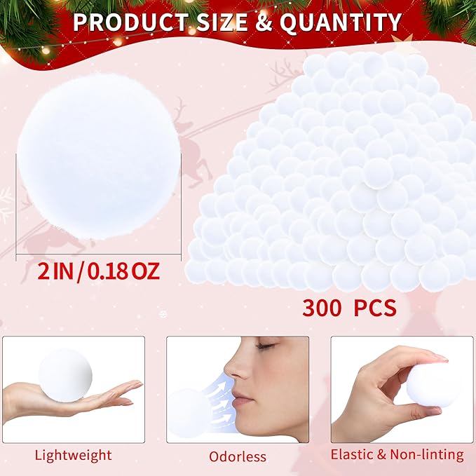 300 Pack Fake Snow Balls, Soft Artificial Snow Balls for Kids, Plush Indoor Snow Ball Fight Set for Multiplayer Outdoor Winter Parent-Child Throwing Game Home Christmas Party Decorations Present