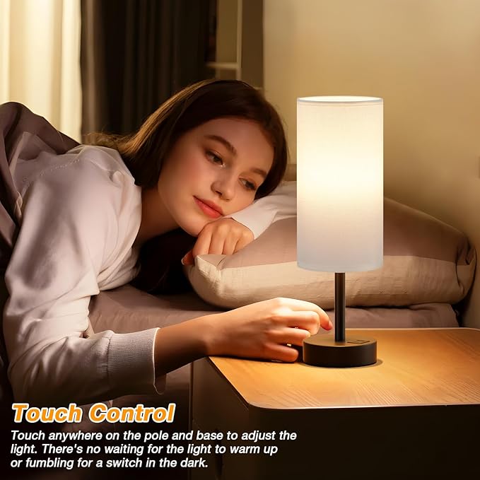 White Touch Table Lamp with USB - 3 Way Dimmable Bedside Lamp for Nightstand, Bedroom Lamp with Black Charging Station for Desk, Office, Kids Room, Dorm, Small