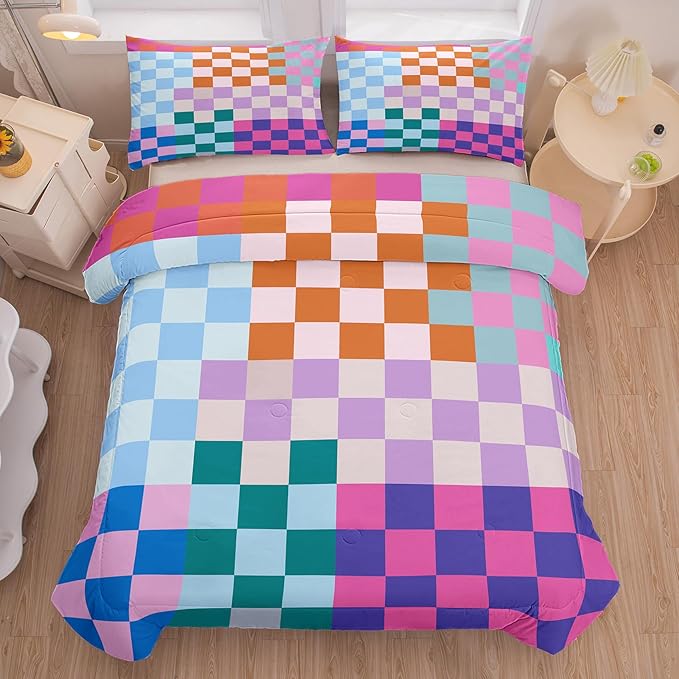 Tailor Shop Plaid Comforter Sets Full Bedding Set Women Men Checkerboard Grid Bedding Boys Girls Checkered Geometric Room Decor with 2 Pillowcases
