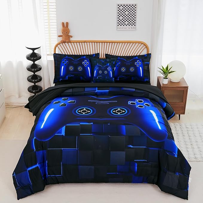 PERFEMET 6 Pieces Gamer Comforter Sets Kids Queen Size Blue Gamer Comforter Bed in A Bag for Boys Teen 3D Cool Video Gaming Black Bedding Set(Blue, Queen)