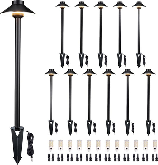 Low Voltage Landscape Path Light Solid Brass, 3 Color Temp Selectable LED Driveway Light Waterproof, Hat Shaped 12V Wired Black for Walkway Garden with 3W 270LM G4 Bulb (12 Pack)