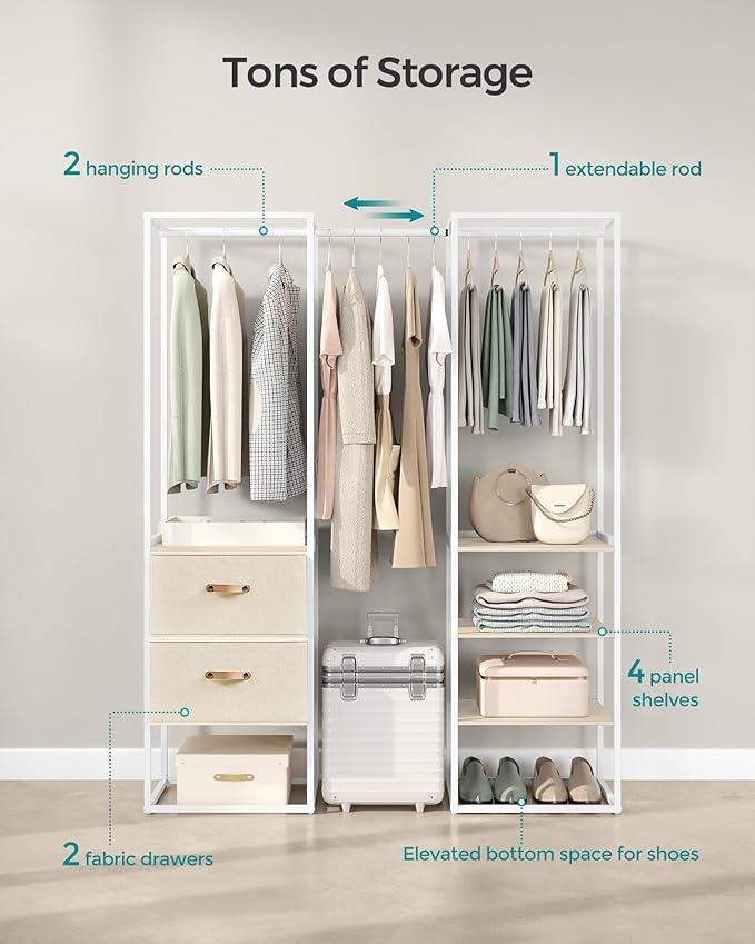 SONGMICS Clothes Rack, 70.9 Inch Wardrobe Freestanding Closet, Heavy Duty Garment Rack with 1 Extendable Hanging Rod, 2 Drawers and 4 Shelves, for Bedroom, Space-Saving, Natural Beige URGR003W67