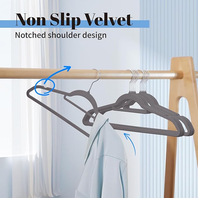 Smartor Grey Velvet Hangers 60 Pack, Space Saving Clothes Hangers with Tie Bar, Non-Slip Felt Hangers with Shoulder Notches, Heavy Duty Suit Hangers for Coat, Shirt, Pants, Dress